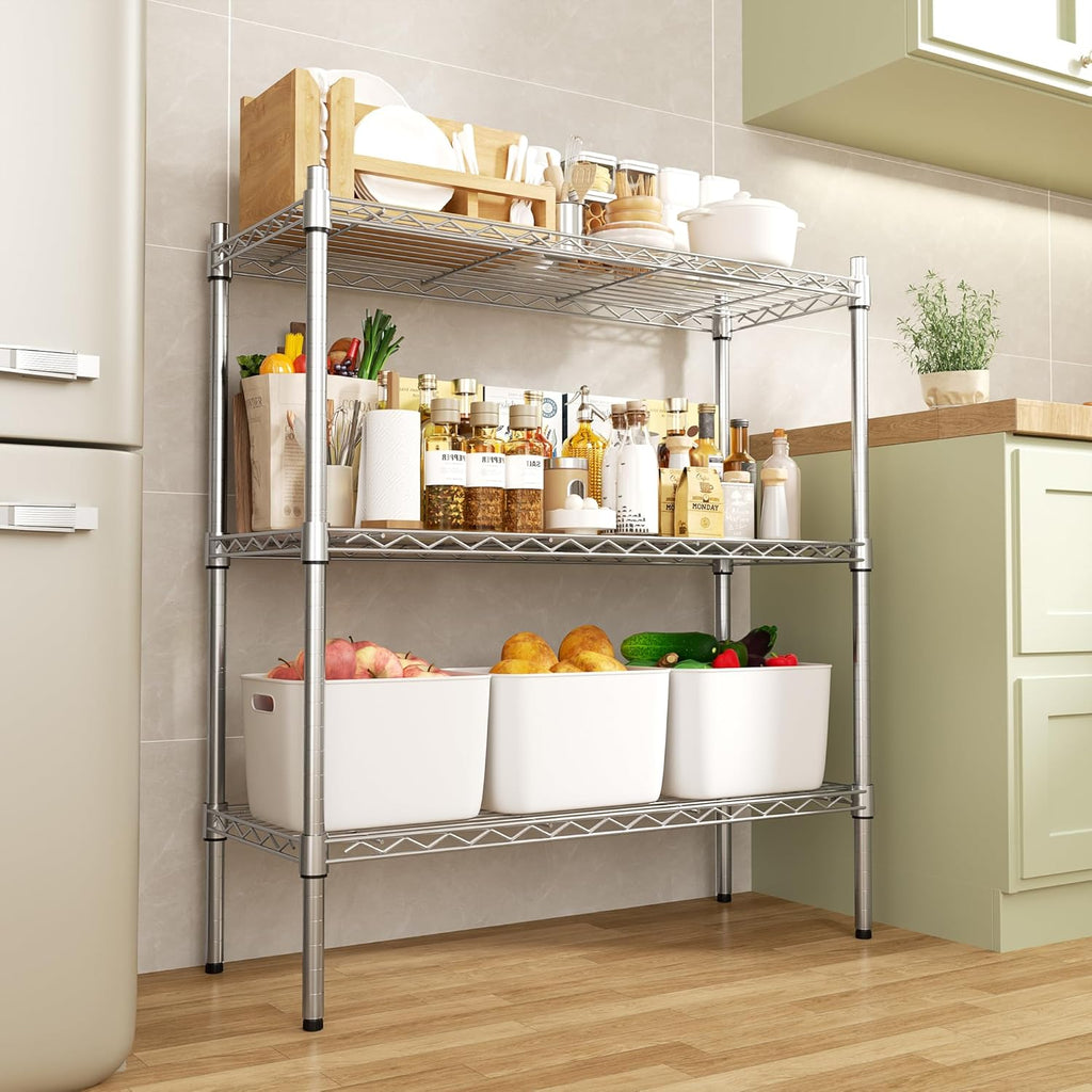 Auslar 3-Shelf Storage Wire Shelves Heavy Duty 3 Tiers Standing Shelving Units Adjustable Metal Organizer Wire Rack, Chrome