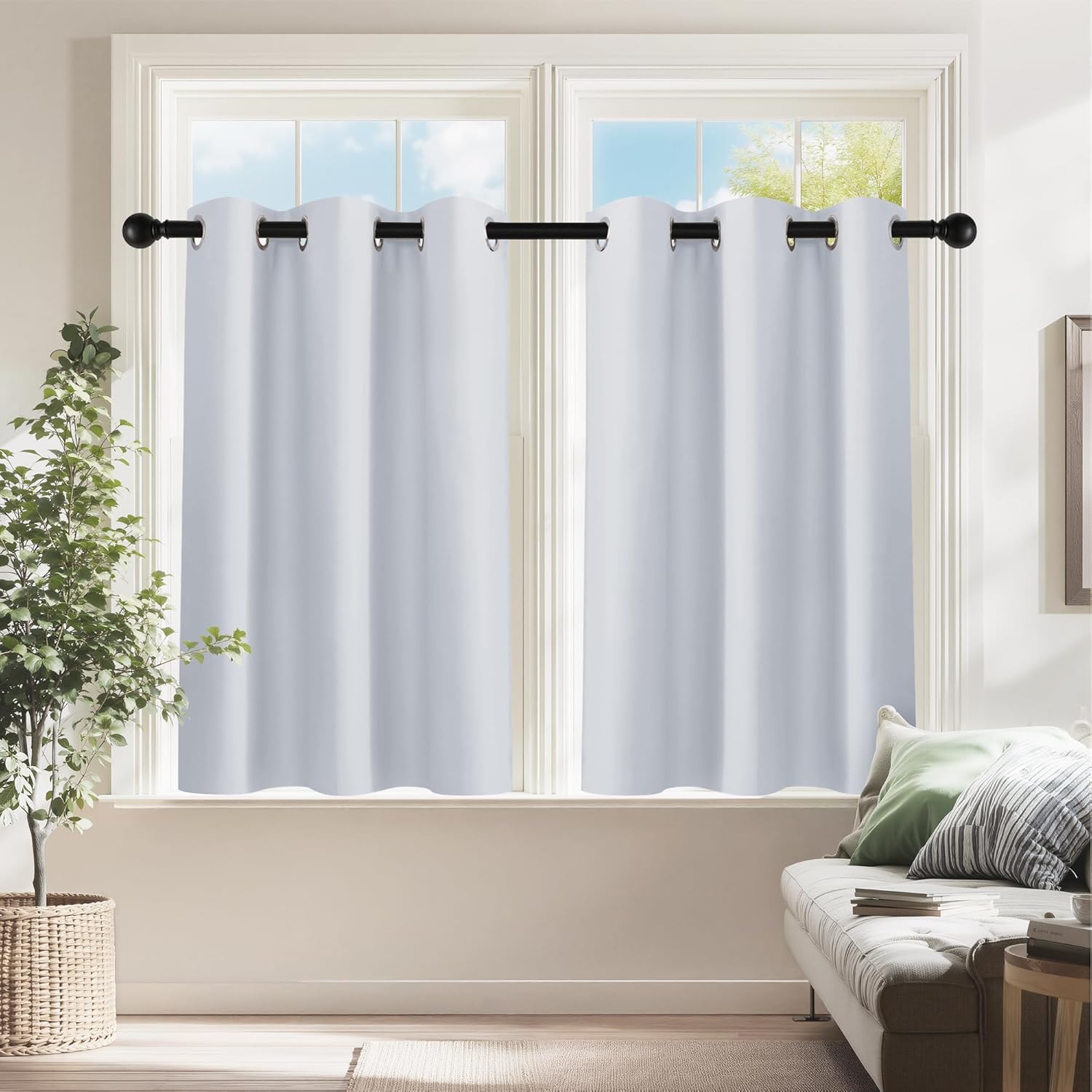 PONY DANCE Room Darkening White Curtains - Energy Efficient Small Window Curtains for Kids Nursery/Dining Room/Bathroom, W 34 x L 24 inch per Panel, Grayish White, Set of 2 Panels