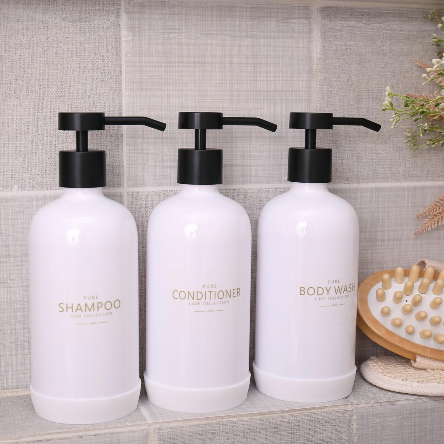 Shampoo and Conditioner Dispenser Set of 3,Refillable 21oz Shampoo Bottles with Non-Slip Protective Silicone Pad,Shower Soap Dispenser with Waterproof Labels for Bathroom (White)