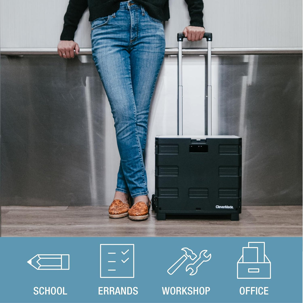 CleverMade Collapsible Wheeled Crate with Lid, 2-Wheels – Stable Rolling Crate with Handle and Large Wheels for Fragile Items, Heavy Loads and Easy Storage - 35L and 75lb Capacity, Black/Cream