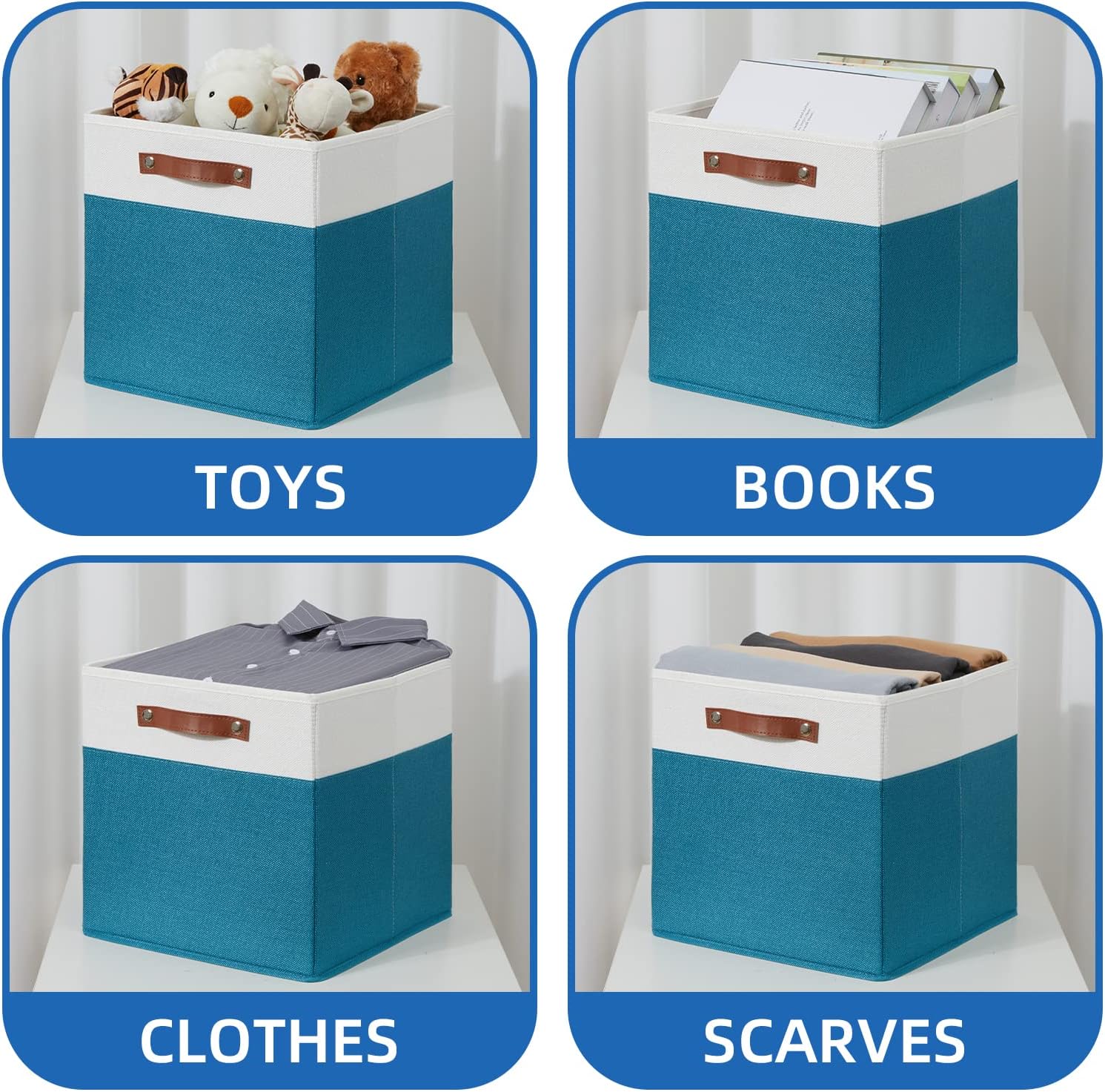 Temary Cube Storage Bins Storage Cube Bins for Home, 4 Pack Fabric Storage Bins for Organization, Storage Cubes 13x13 Cube Baskets with Leather Handles (White&Teal)