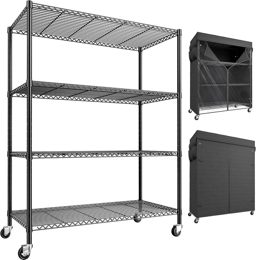 REIBII 4-Tier Storage Shelves Wire Shelving Unit with Cover & Wheels, Heavy Duty Metal Shelving for Dorm Storage Shelves, Garage Storage Rack Commercial Shelf, 36" W*14.3" D*56.5" H