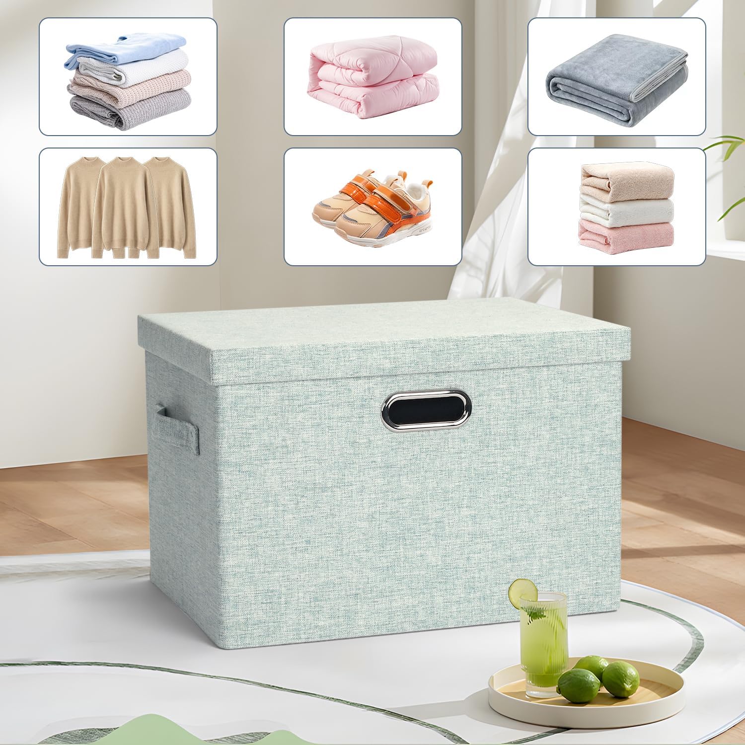 Large 17" 36 Quart Collapsible Stackable Storage Bins with Lids, 3 Packs Light Green Linen Fabric Closet Boxes with Lids, Storage Cube Baskets Container Organizers for Office (17x12x11)