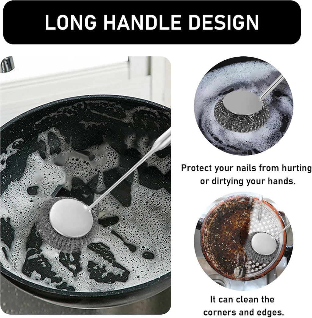 Stainless Steel Wool Metal Wire Scrubber Sponge Scouring Pads Brush Set with Handle for Cleaning Dishes,Pots and Pans,Kitchen Cast Iron,Stoves, Sink,Cooking Tools,Silver（9pcs）