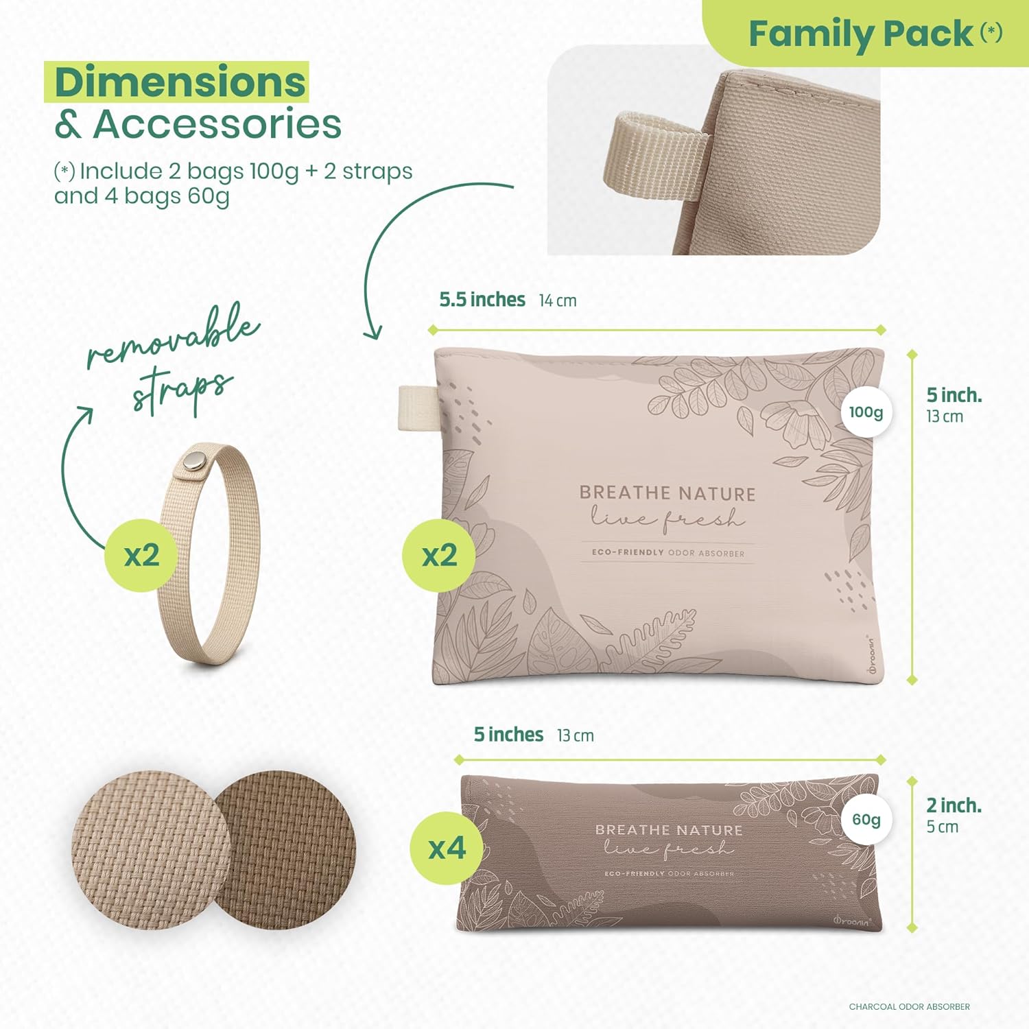 Roonin Activated Charcoal Odor Absorber - Bamboo Charcoal Air Purifying Bag - Activated Charcoal Bags Odor Absorber Packets - Home Deodorizer Odor Eliminator (6-pack)