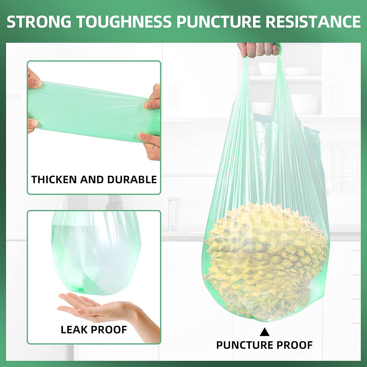 2.6 Gallon Trash Bag 150 Count, Unscented Strong Handle Tie Garbage Bags Fit 10 Litter Trash Can, Three Colors for Kitchen, Bathroom, Bedroom, Office (Green, White, Black)