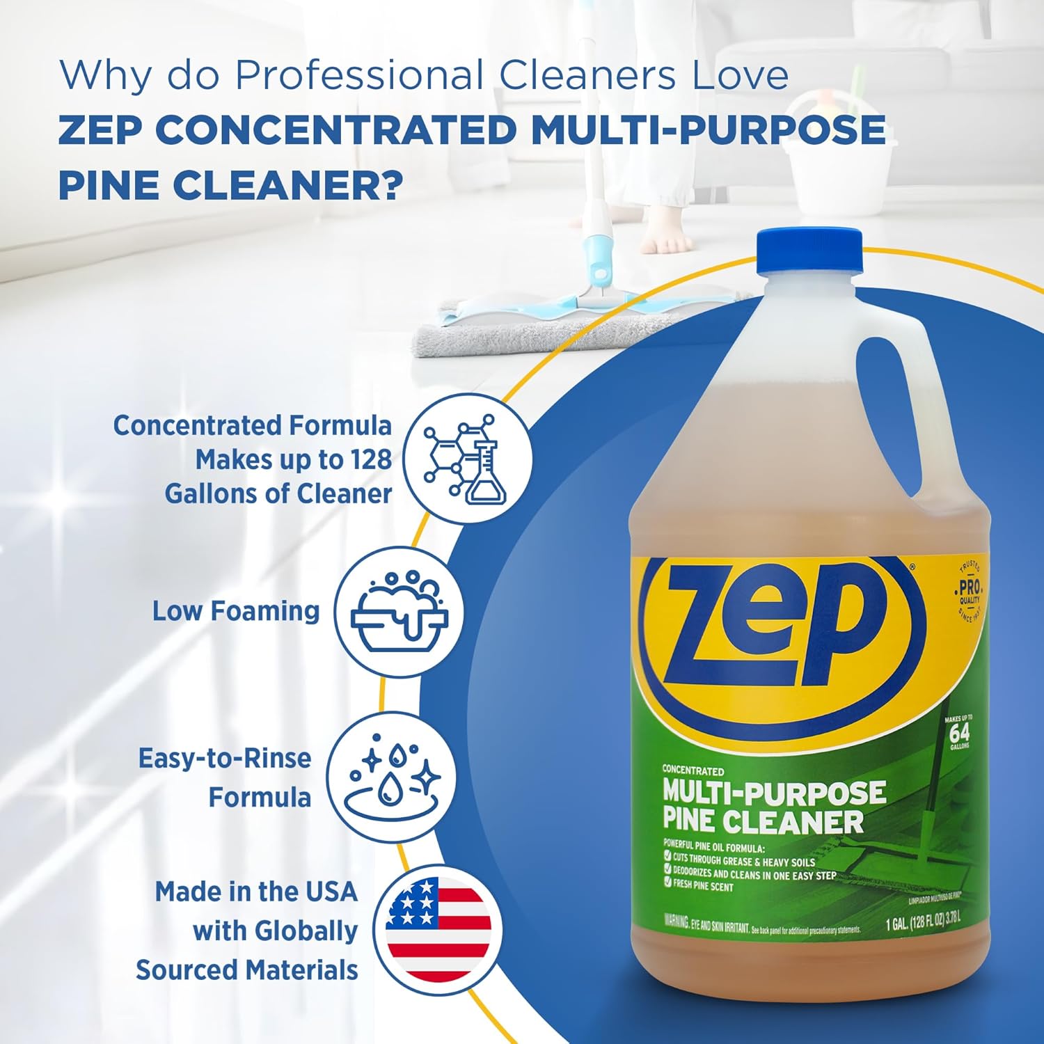 Zep Concentrated Multi-Purpose Pine Cleaner - 128 oz (Case of 4)- ZUMPP128 - Multi-Purpose Cleaner for Professional, Commercial and Household Use, From the Bathroom to Kitchens and Dining Rooms