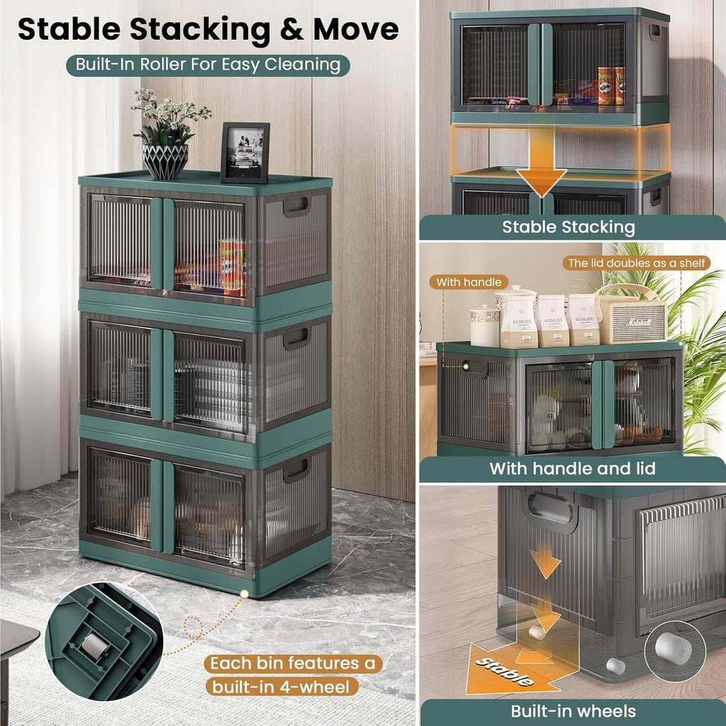 19Gal Collapsible Storage Bins with Lids & Wheels - 3 Pack Stackable with Doors, Heavy-Duty Plastic Containers for Home/Office, Green