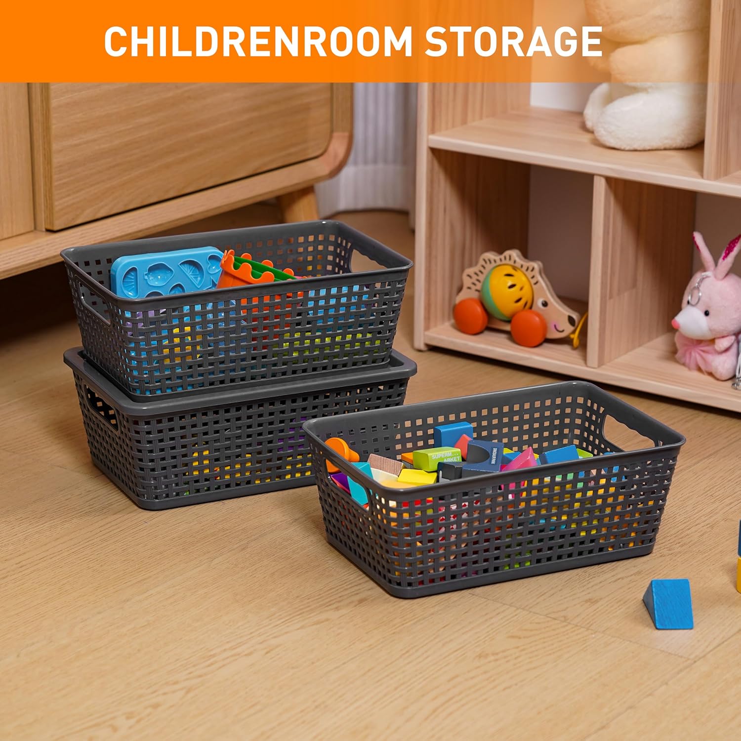 Plastic Storage Baskets With Lid, Storage Bins for Organizing, Stackable Decorative Containers for Shelves Drawers Desktop Closet Playroom Classroom Office, 8 Pack-Grey