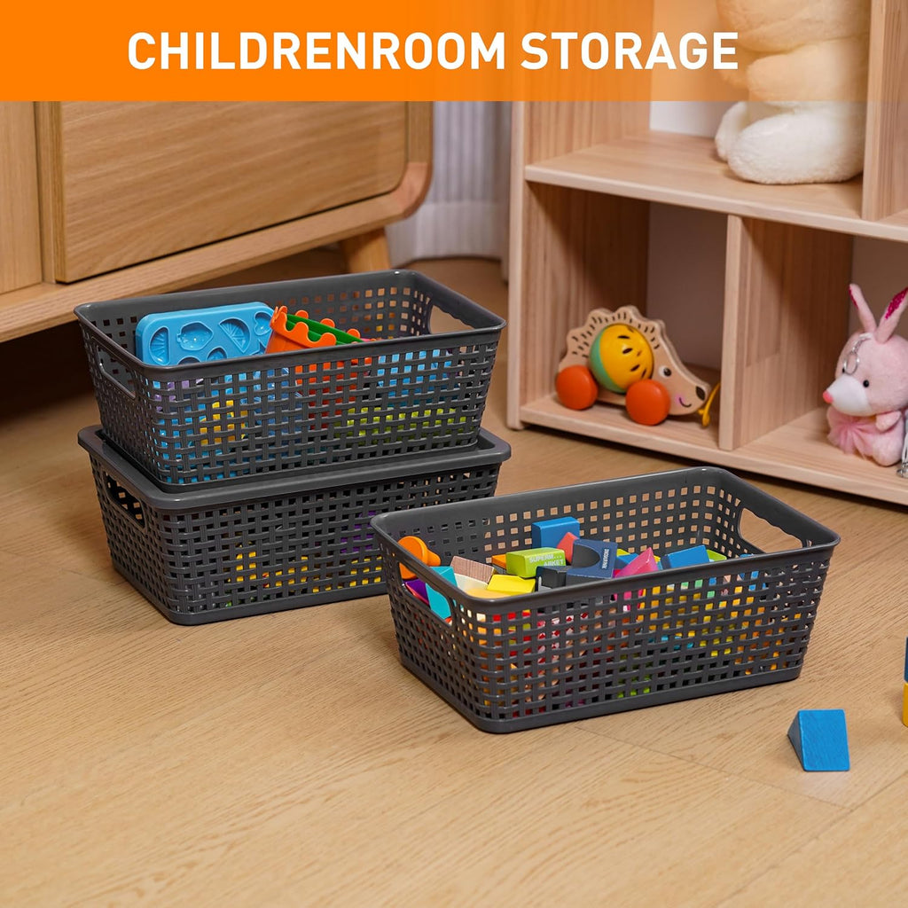 Plastic Storage Baskets With Lid, Storage Bins for Organizing, Stackable Decorative Containers for Shelves Drawers Desktop Closet Playroom Classroom Office,10 Pack-Grey