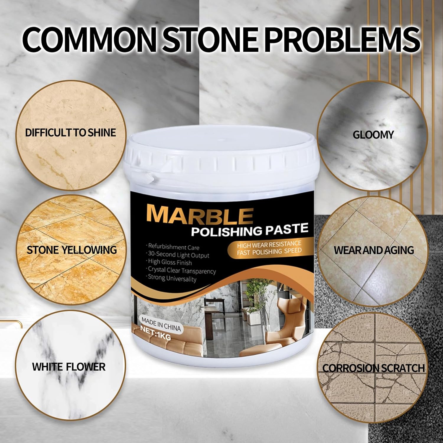 Marble Polishing Paste, Professional Marble Cleaner & Quartz Polish, Stone Sealer & Protector for Countertops, Floors, and Walls – Marble Polishing Compound Kit, 2.2LB (1 Piece)