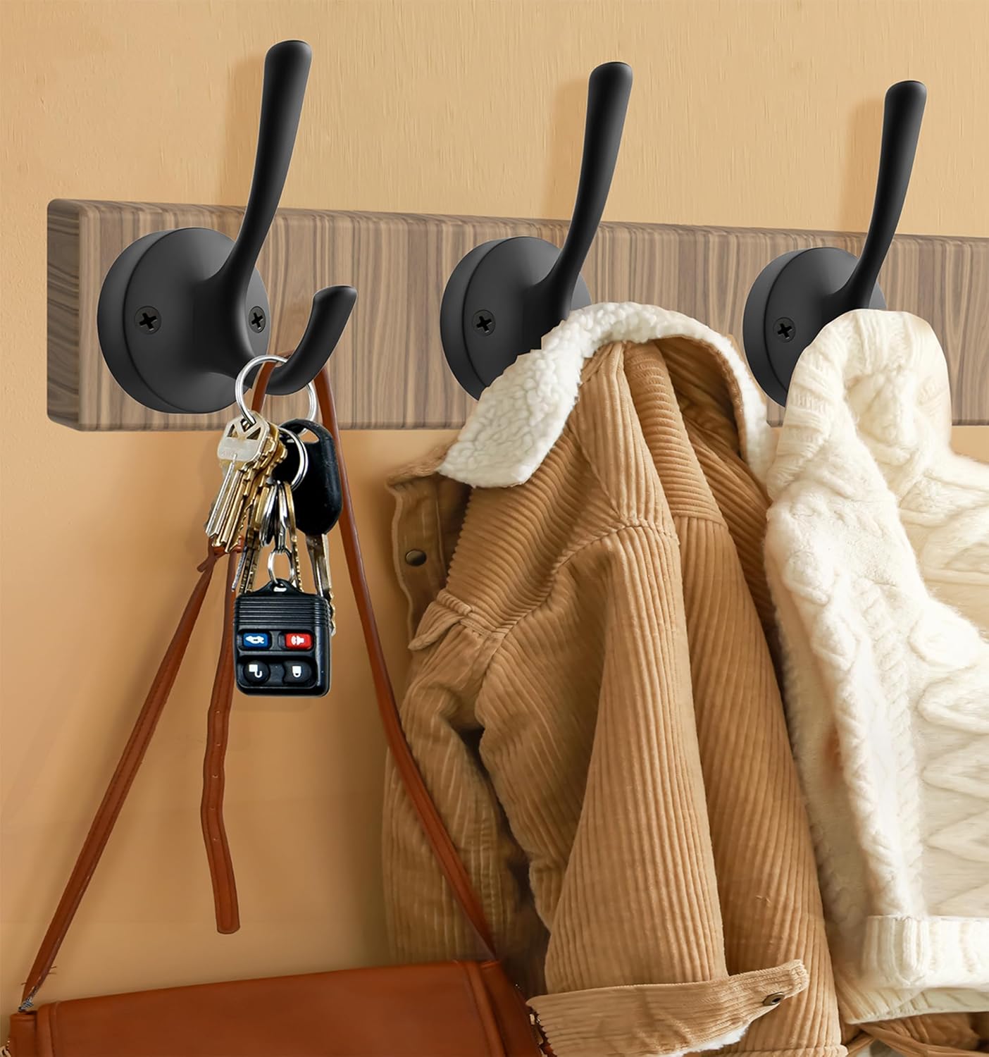 Black Wall Hooks Towel Hooks, 3 Pack Coat Hooks Robe Hook Heavy Duty Metal Double Bath Hook Wall Mounted, Hand Towel Hooks for Entryway Bathroom Kitchen Closet Garage