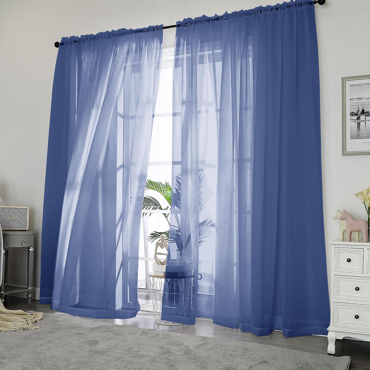 Chyhomenyc Royal Blue Sheer Curtains, 84 Inch Long 2 Panel Set, Rod Pocket Voile Drapes for Living Room, Bedroom - 2PCS, Each 42 W x 84 L