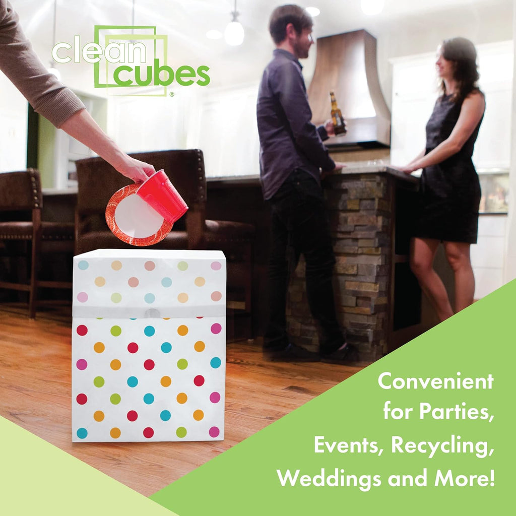 13 Gallon Disposable Pop-Up Trash Cans (6-Pack) with Fitted Bags – Foldable Garbage & Recycling Bins for Parties, Events & Kitchen (Polka Dot, 17" H x 13.5" W x 10" D)