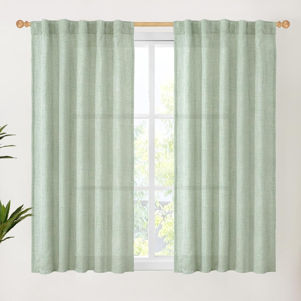YoungsTex Sage Green Curtains 54 Inch Length for Kitchen, Light Filtering Semi Sheer Linen Window Drapes Rod Pocket Back Tab for Short Living Room Cafe, 2 Panels, 42 X 54 Inch
