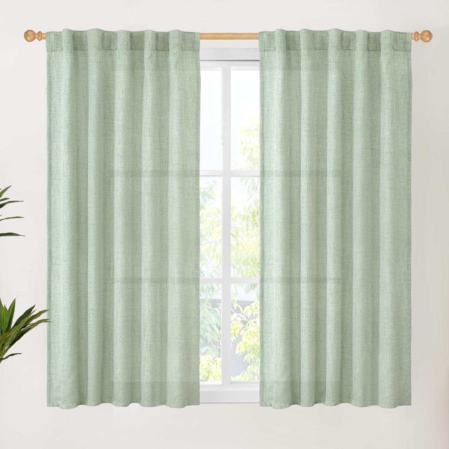 YoungsTex Sage Green Curtains 54 Inch Length for Kitchen, Light Filtering Semi Sheer Linen Window Drapes Rod Pocket Back Tab for Short Living Room Cafe, 2 Panels, 42 X 54 Inch