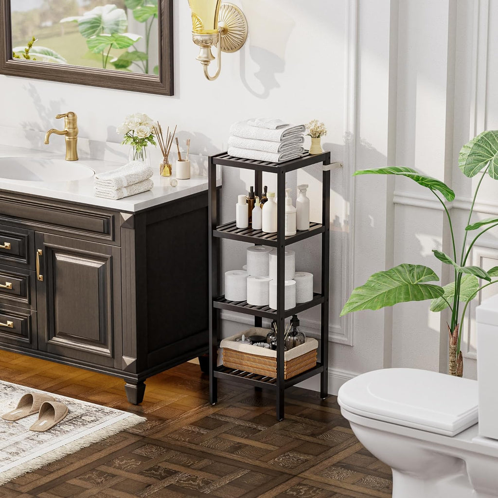 SMIBUY Bathroom Storage Shelf, 4-Tier Bamboo Rack Organizer, Multifunctional Shelving Unit for Living Room Bedroom Kitchen (Black)