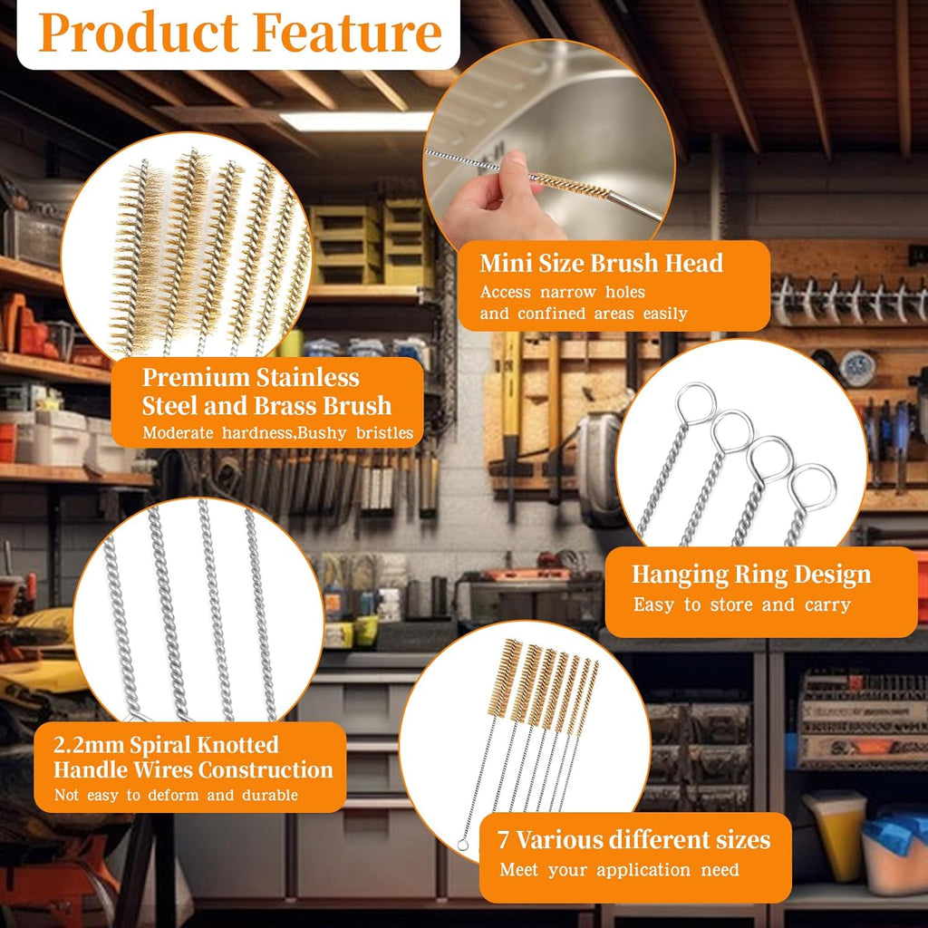 14-Pieces Brass Wire Brush Stainless Steel Tube Brush Set 12" Round Wire Brushes Kit Bore Brush Metal Bristle Cleaning for Pipe, Tube, Auto Parts, Engine (6mm/8mm/10mm/12mm/15mm/20mm/22mm)