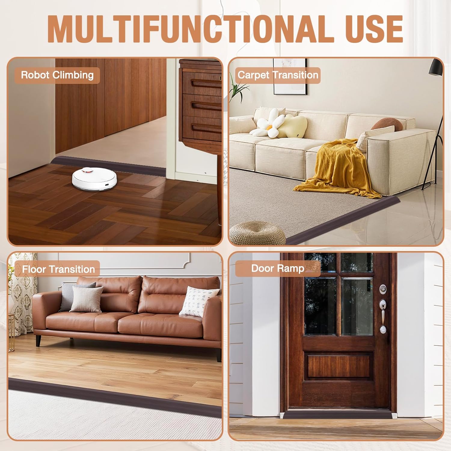 Floor Transition Strip Self Adhesive Vinyl Door Threshold for Doorways Carpet Edging Trim Overlap Edge Reducer for Laminate Floor, Carpet, Tile (Dark Walnut Grain, 3/5" to 4/5", 6.6Ft)