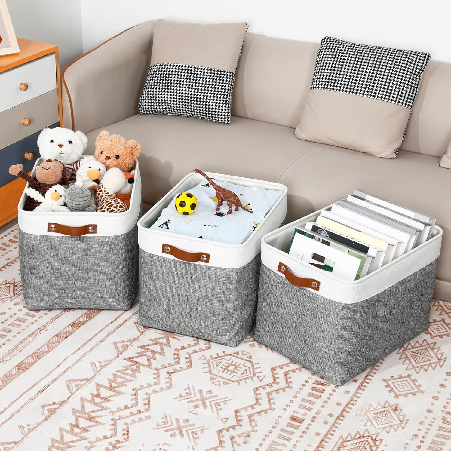 DULLEMELO Large Storage Baskets, Fabric Storage Basket with Leather Handles for Shelves Closet Nursery Toy Storage, Collapsible Fabric Baskets for Toy Book Magazine Towel Organizers(White&Gray)