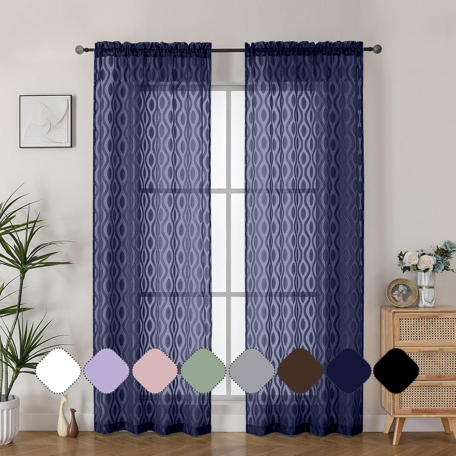 Aiyufeng Navy Blue Curtains - 84 Inch Length (2 Panels), Airy Lightweight Clip Jacquard Light Filtering Bedroom/Living Room Curtains - 80 Inch Width, Wavy Line Rod Pocket, Modern Style