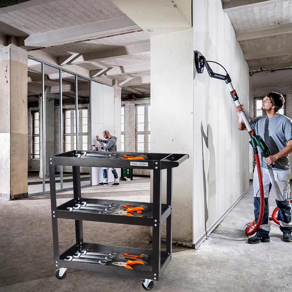 Utility Service Cart, 3 Shelf 200LBS Heavy Duty Steel Rolling Utility Cart, Medium Lipped Shelf, 360° Swivel Wheels, Ergonomic Storage Handle for Warehouse Garage, Black