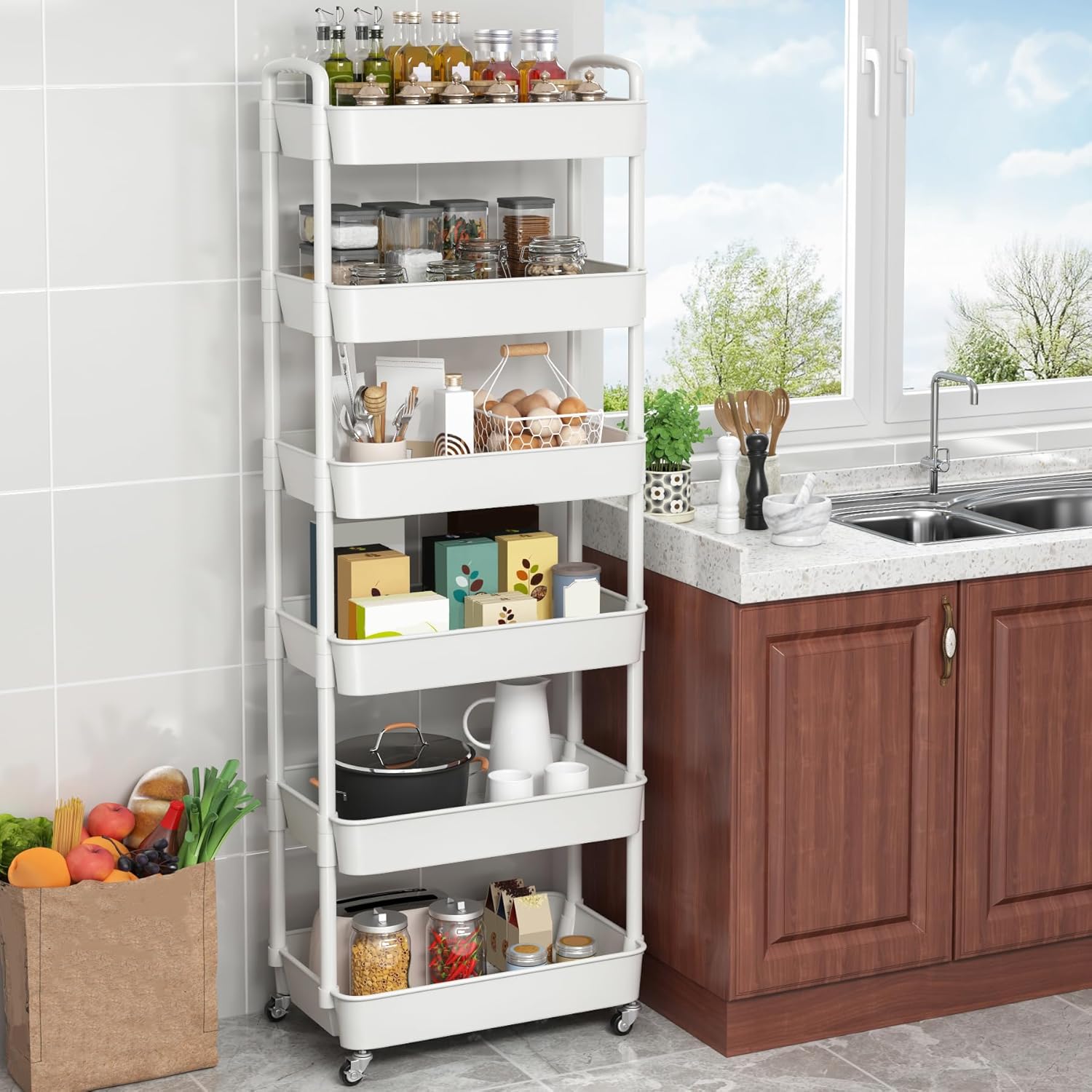 Sywhitta 6-Tier Plastic Rolling Utility Cart with Handle, Multi-Functional Storage Trolley for Office, Living Room, Kitchen, Movable Storage Organizer with Wheels, White