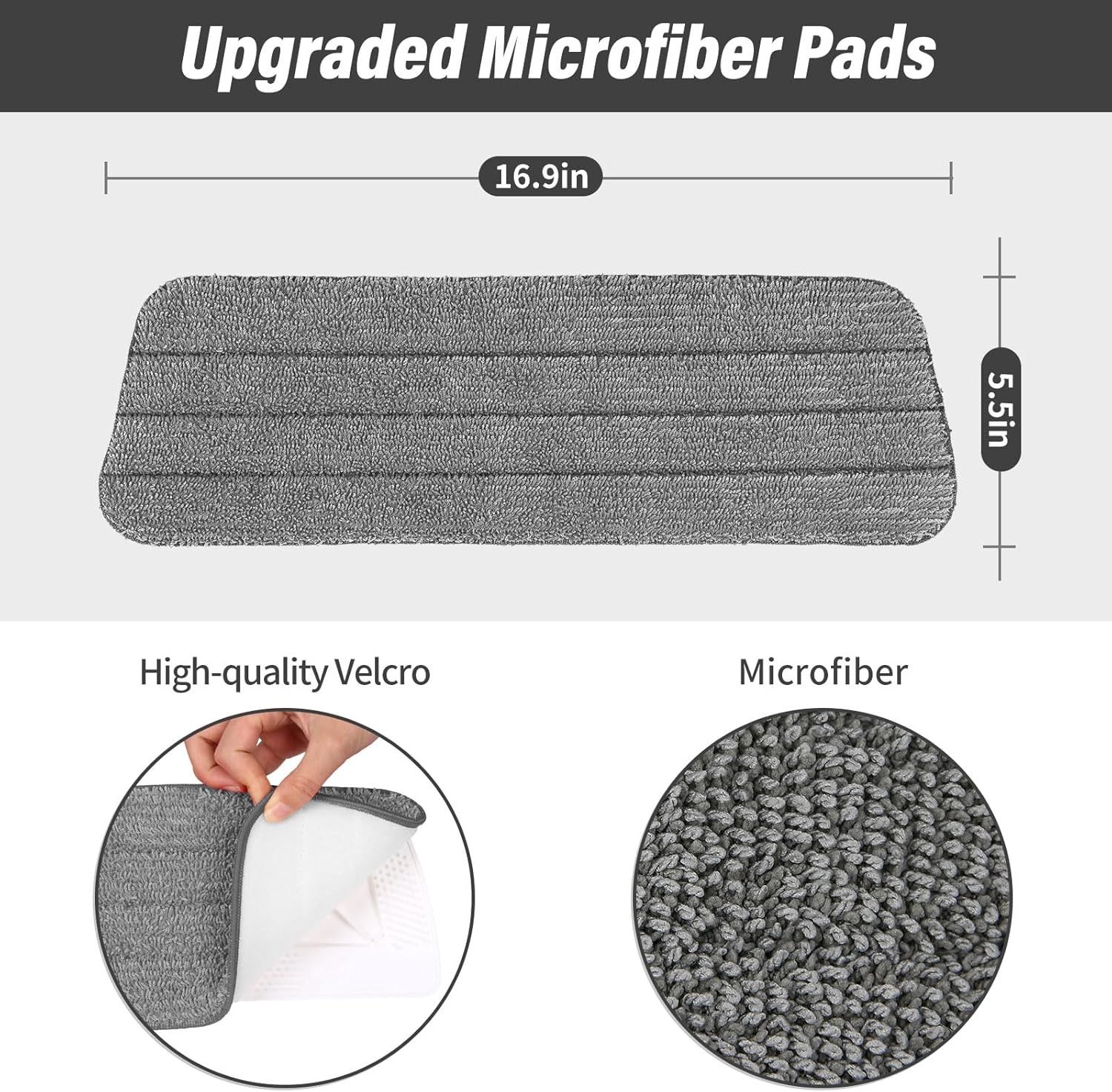 16.5 inch Mop Pads Refills, 3 Pack Microfiber Reusable Replacement Mop Pads Flat Replacements Heads for Wet Or Dry Floor Cleaning and Scrubbing, Grey Cloth