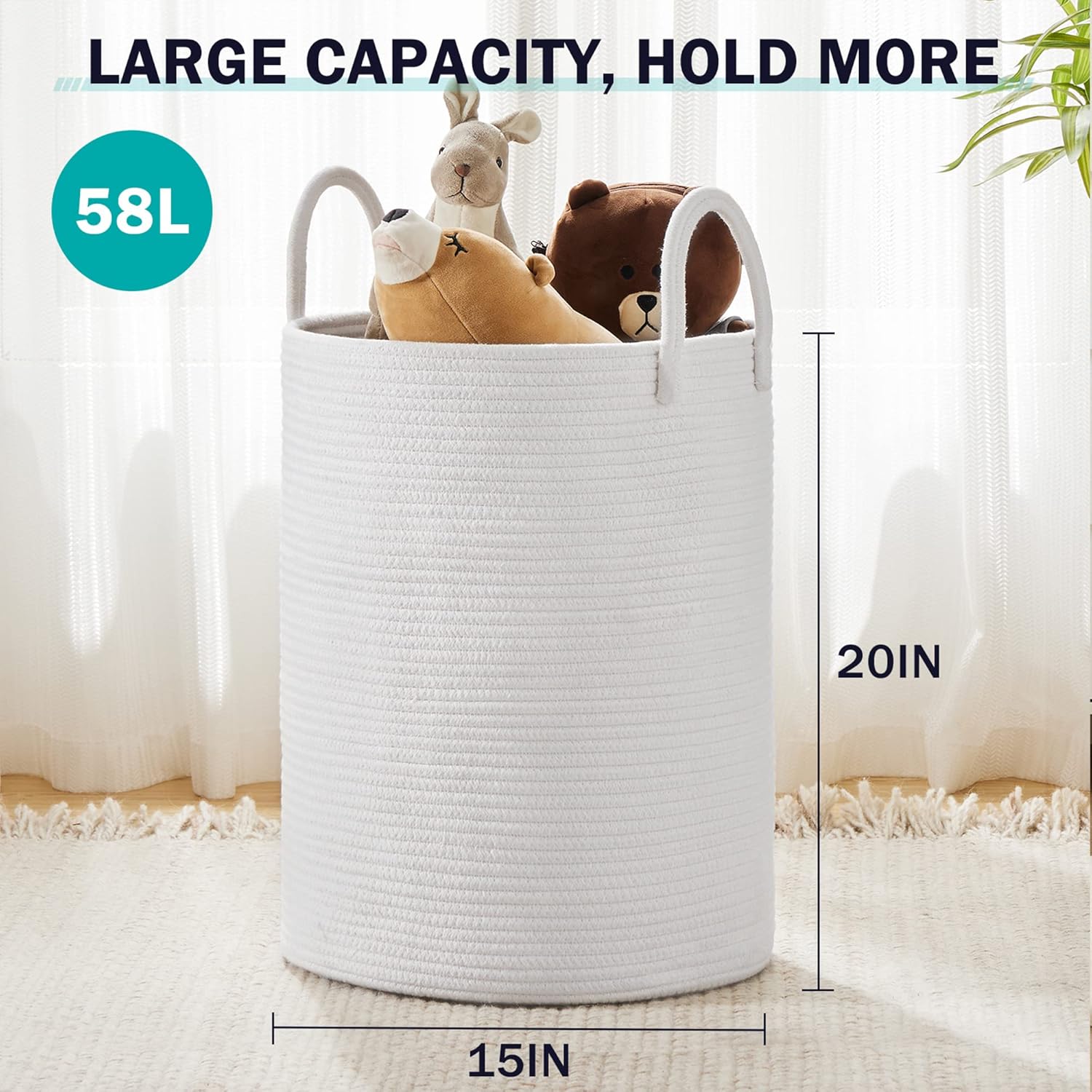 Woven Rope Laundry Hamper Basket by YOUDENOVA, 58L Tall Laundry Basket, Baby Nursery Hamper for Blanket Storage, Clothes Hamper for Laundry in Bedroom-Large-Pure White