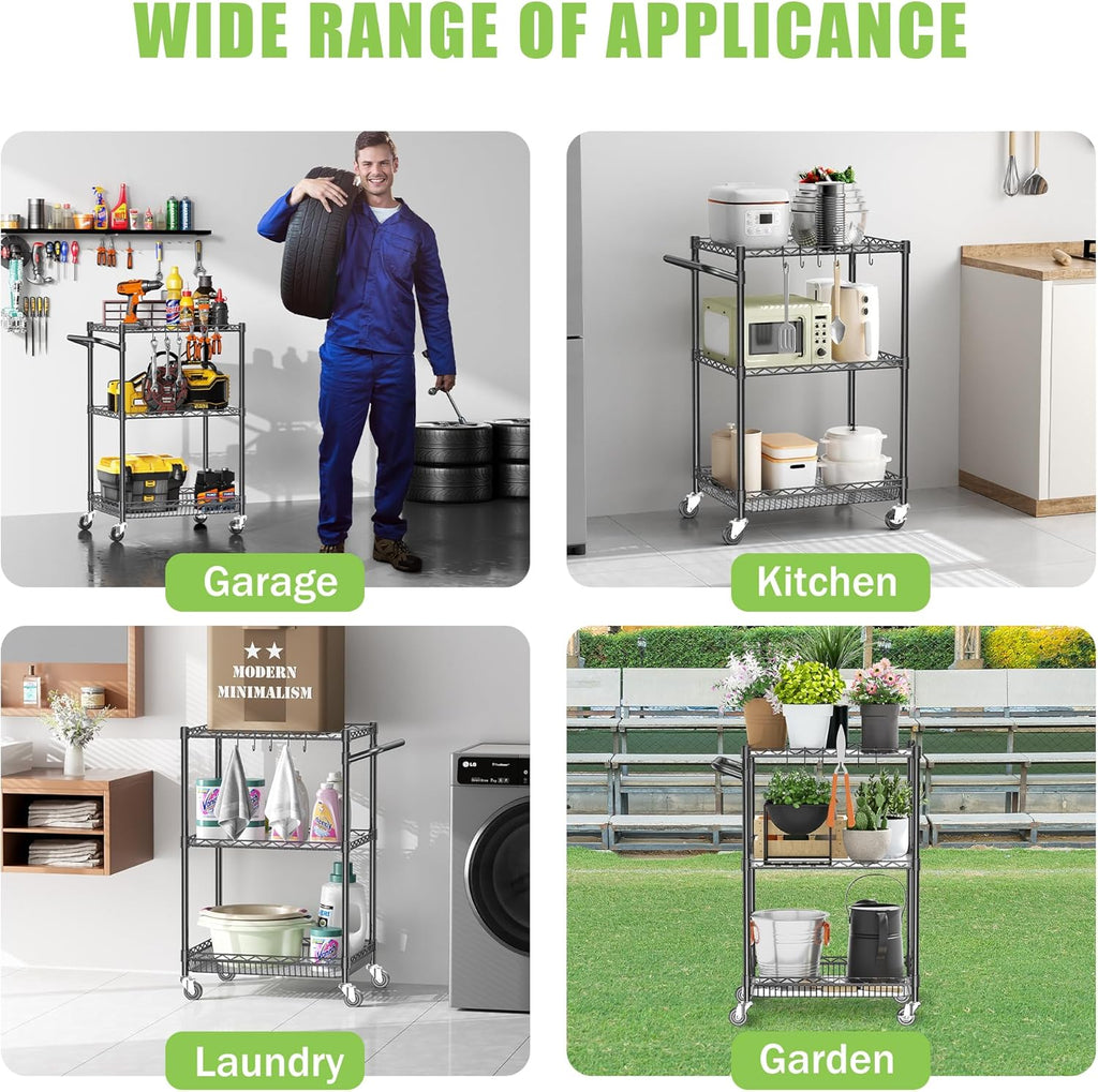 Metal Steel Wire Cart with Wheels, 3 Shelf Rolling Cart, Kitchen Trolley with Handle Bar&Shelf Liner, Commercial Grade Mobile Storage Cart for Kitchen, Living Room, Laundry, Grocery