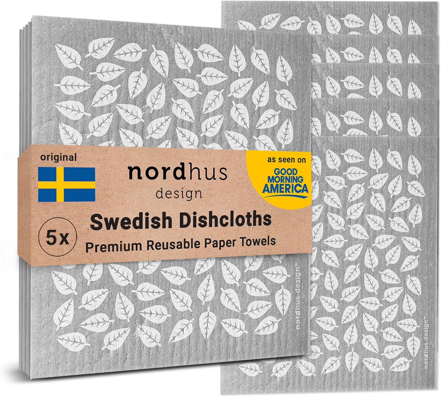 Nordhus Design Swedish Dishcloths, 5 Cloths, Made in Sweden - Reusable, Washable Cellulose Cotton Kitchen Cloths - Replace Paper Towels, Wipes, Sponges, Dish Rags