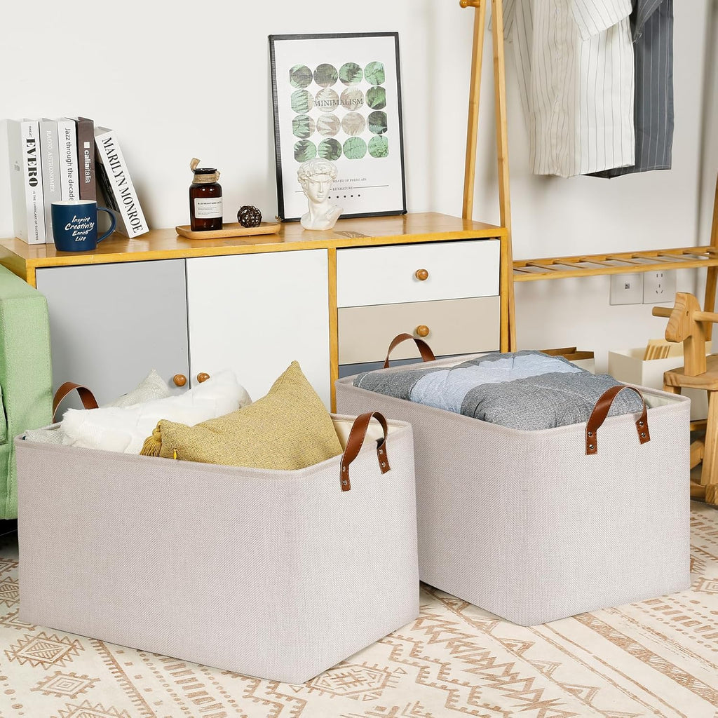 DULLEMELO Beige Storage Baskets for Organizing, Set of 2 Extra Large Canvas Fabric Storage Baskets with Handles, Foldable Storage Bins Baskets for Blankets Living Room