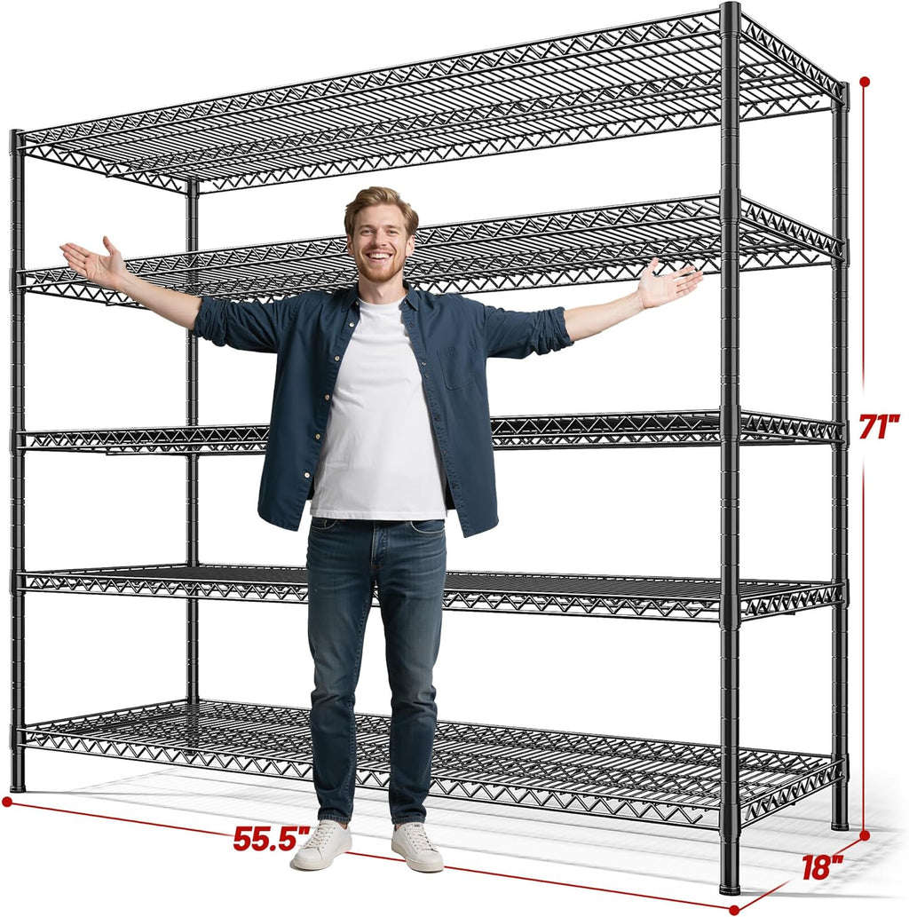 REIBII 55.5" W Storage Shelves 3200LBS Wire Shelving Unit 5 Tier Metal Shelving Garage Shelving 2PCS Heavy Duty Metal Shelves for Storage Rack Commercial Adjustable Pantry Shelf