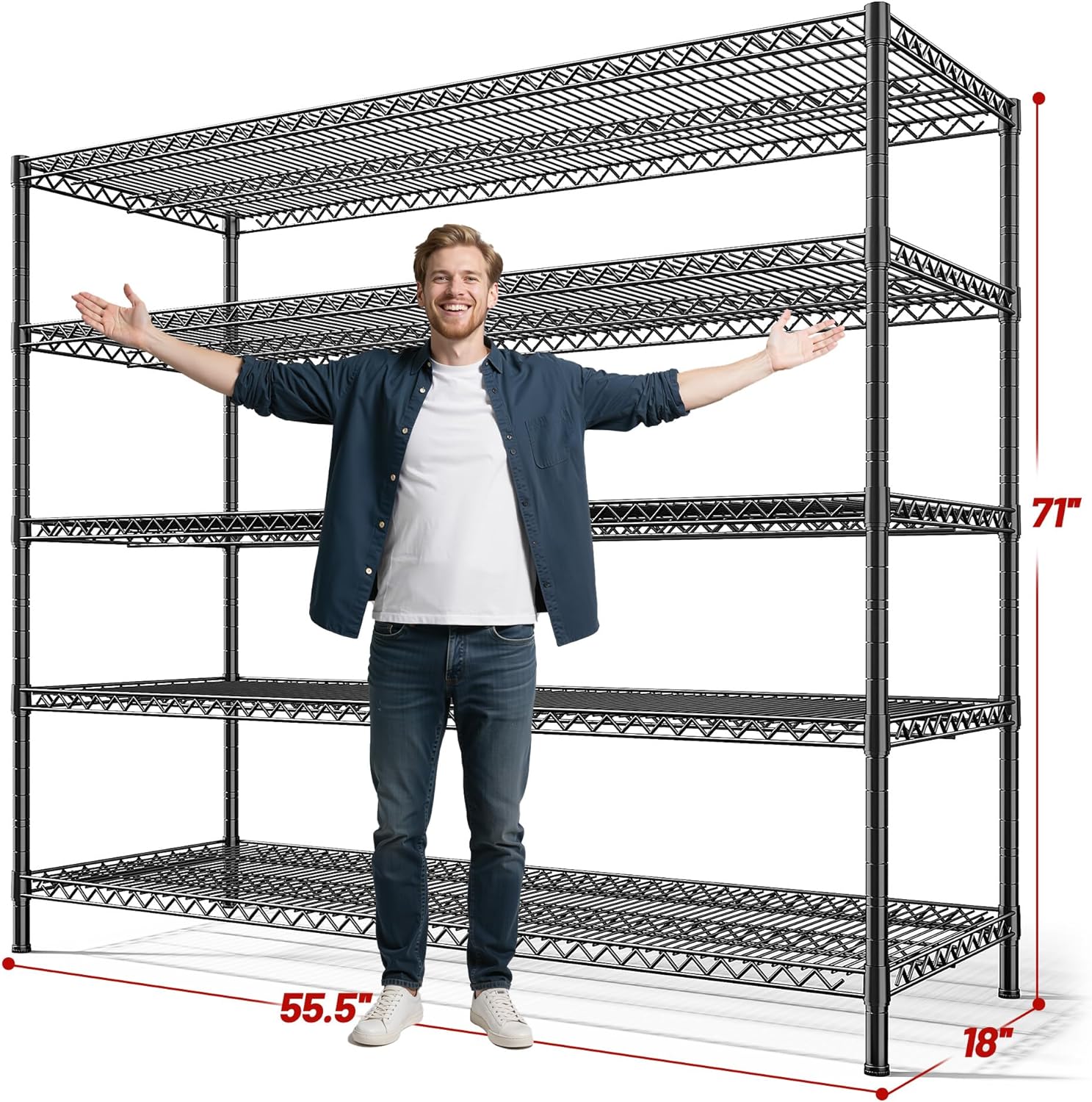 REIBII 55.5" W Storage Shelves 3200LBS Wire Shelving Unit 5 Tier Metal Shelving Garage Shelving 2PCS Heavy Duty Metal Shelves for Storage Rack Commercial Adjustable Pantry Shelf