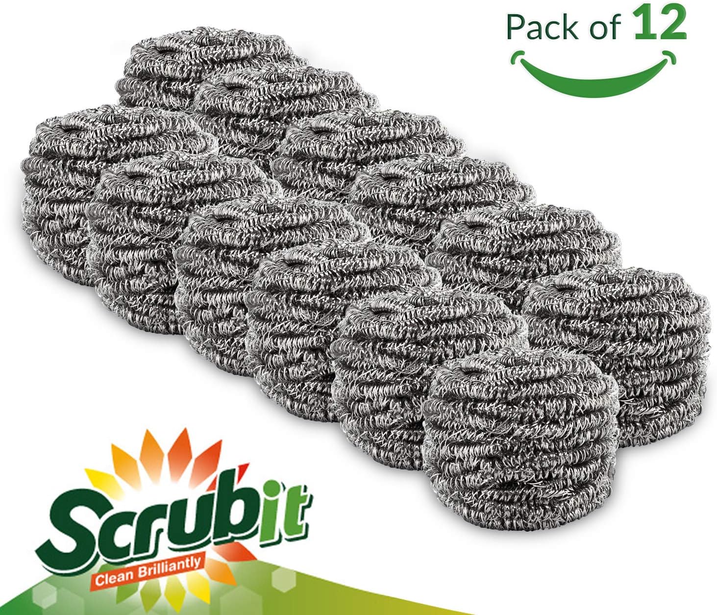 12 Pack Stainless Steel Scourers by Scrub It – Steel Wool Scrubber Pad Used for Dishes, Pots, Pans, and Ovens. Easy scouring for Tough Kitchen Cleaning.