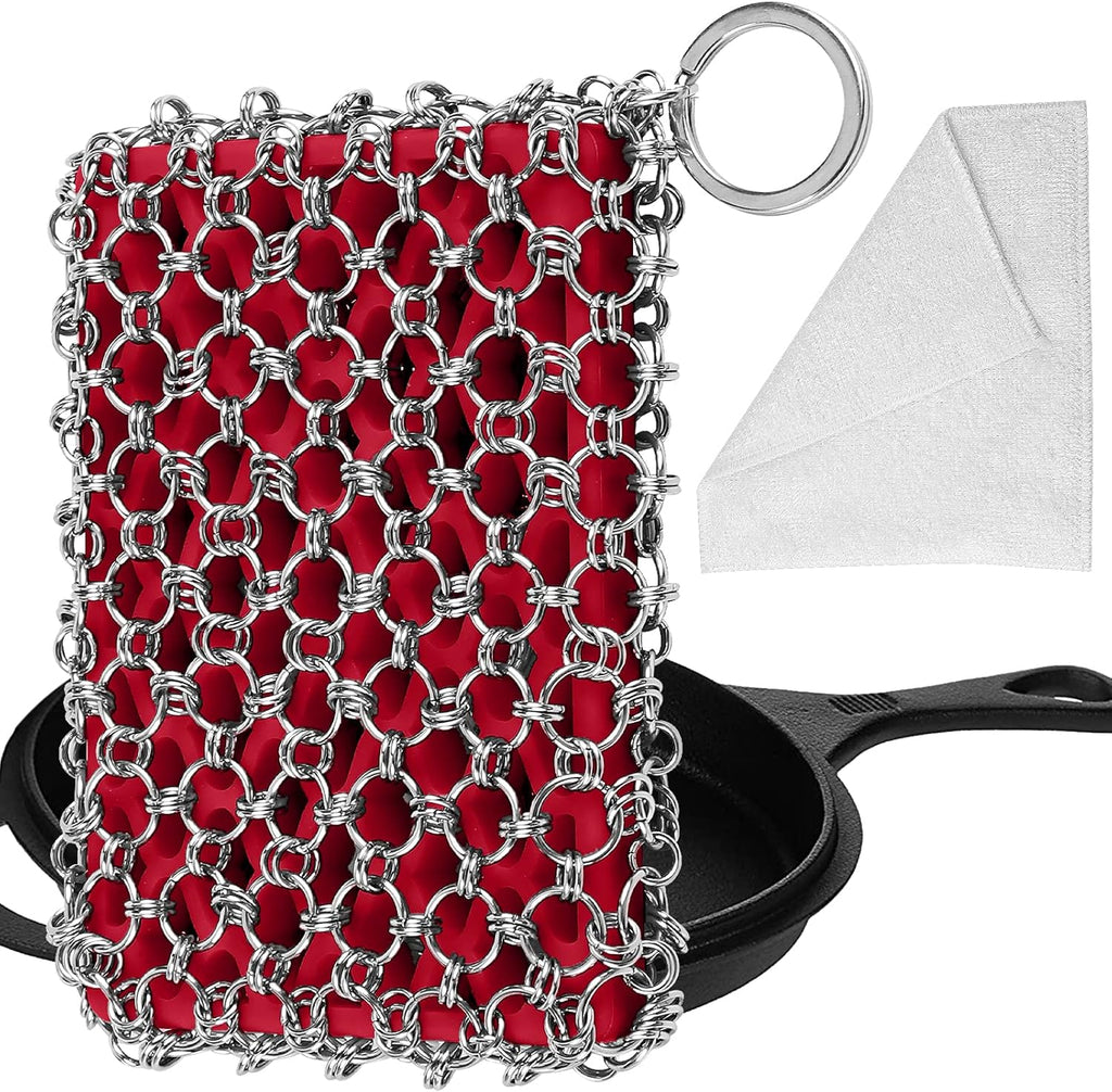Herda 316L Cast Iron Scrubber Cleaner, Large Cast Iron Chain Mail Scrubber - Chainmail Scrubber Sponge - Metal Skillet Scrubbing, Wok, Dutch Oven Cleaning Kit