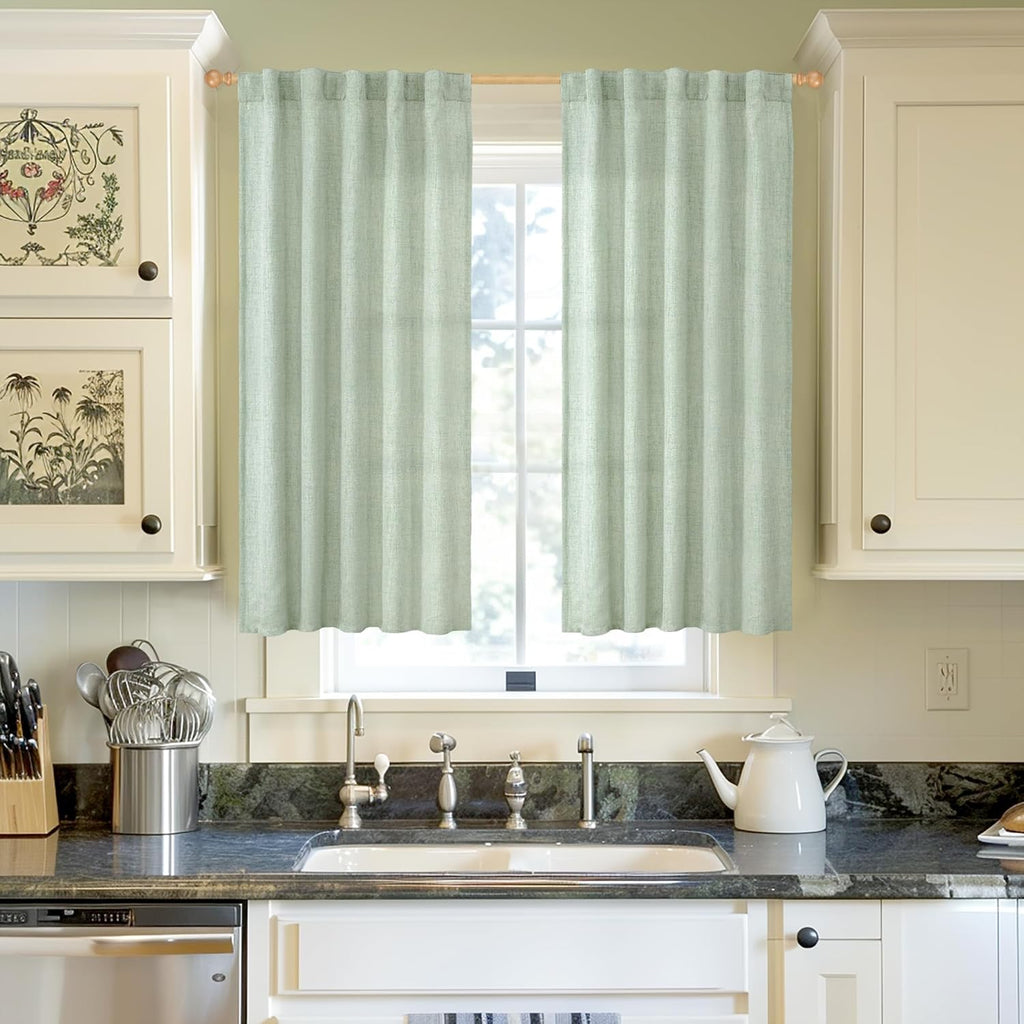 YoungsTex Sage Green Curtains 54 Inch Length for Kitchen, Light Filtering Semi Sheer Linen Window Drapes Rod Pocket Back Tab for Short Living Room Cafe, 2 Panels, 42 X 54 Inch