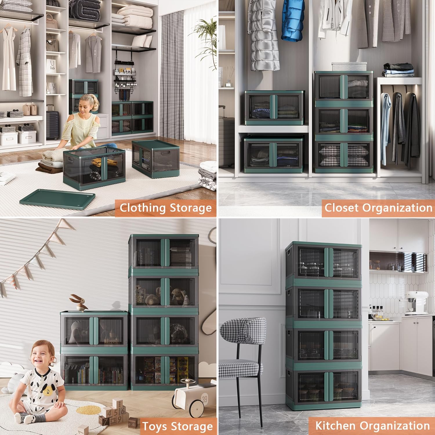 19Gal Collapsible Storage Bins with Lids & Wheels - 2 Pack Stackable with Doors, Heavy-Duty Plastic Containers for Home/Office, Green