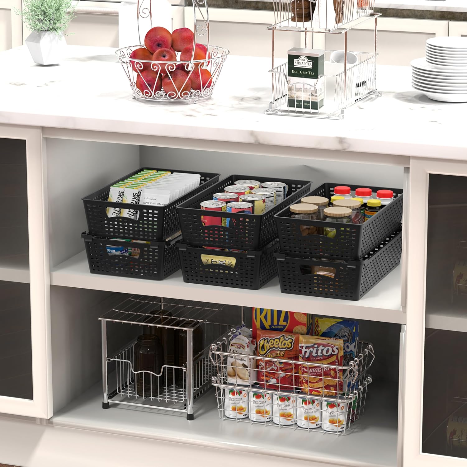 Simple Houseware Stackable Plastic Woven Basket Organizer, 6 Pack, 14.5" x 8.5" x 3.5", Black