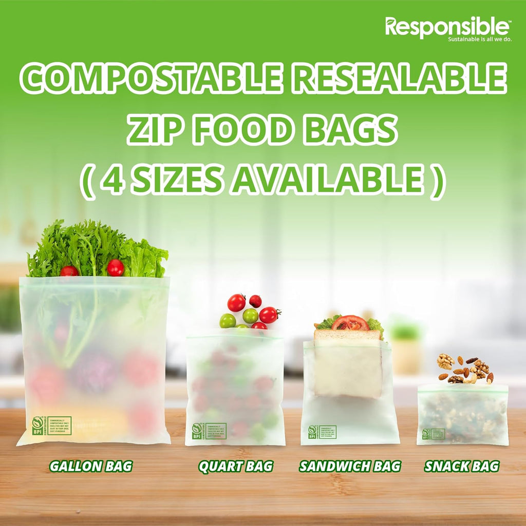 Responsible Products Certified Compostable SANDWICH Resealable Zip Bag, Extra Strength Food Bags, Plant-Based Freezer-Safe (68 Pack)