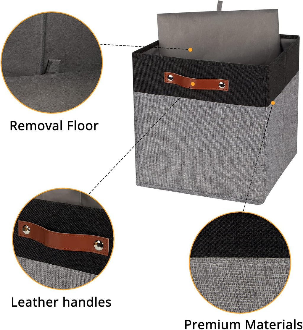 DULLEMELO 13x13 Storage Cubes, Collapsible Sturdy Cube Storage Bins With Handles for Organizing,Fabric Storage Cubes Baskets for Shelves Nursery Closet Home Organization and Storage (Black&Grey)