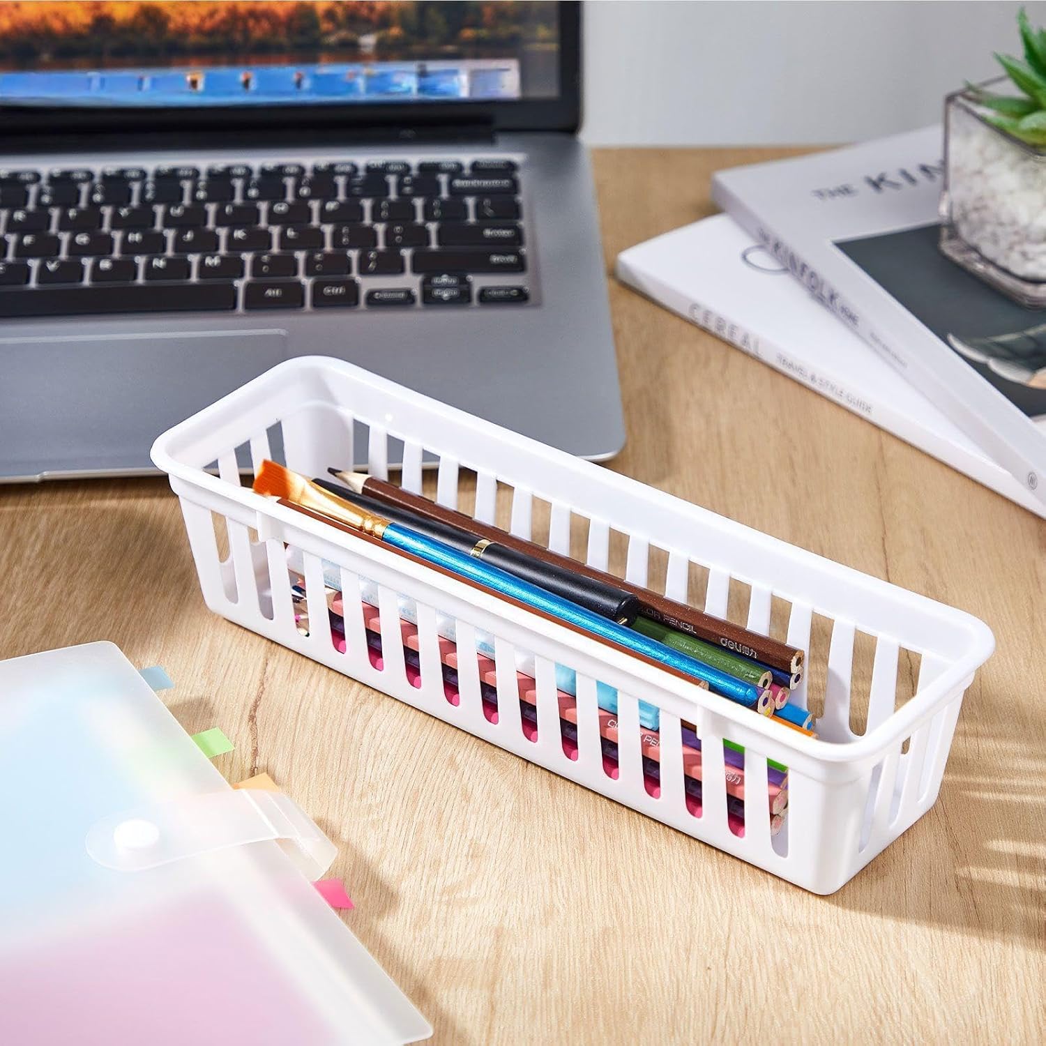 Domensi 24 Pcs Slim Plastic Storage Baskets Tray for Organizing 10.25 x 3.25 x 2.5 Inch Small Storage Bins Stackable Drawer Pencil Trays Holder for Desk Garage Office Containers(White)