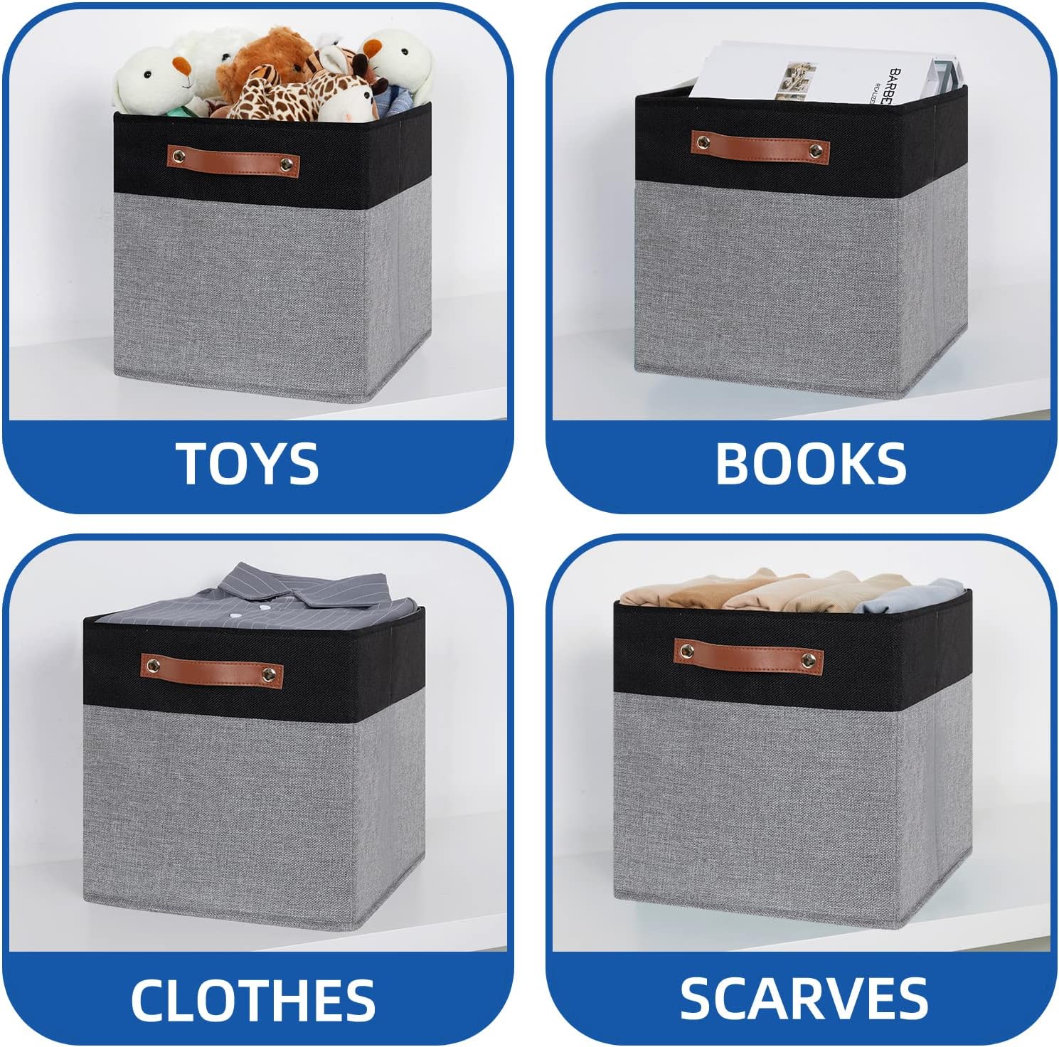 Temary Fabric Cube Storage Bins 12 Inch Decorative Storage Cubes Baskets 4 Pack Foldable Cube Storage Bins for Closet, Shelves (Black&Grey)