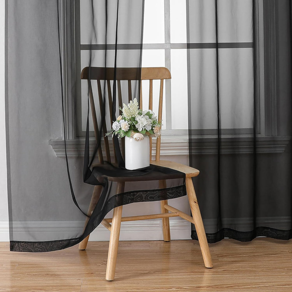 Chyhomenyc Sheer Black Curtains 90 inches Long 2 Panels, Light Filtering Soft Airy Solid Elegant Voile Window Treatment Drapes for Bedroom Living Room Wedding Party Decor, 42 Wx90 L Inches