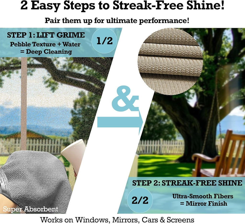 2-Step Glass Cleaning Cloth 3-Pack - Lint-Free Microfiber Towels Polish & Scrub Kit - Water Only Streak-Free for Windows, Cars, Mirrors - Blue, Brown, Gray