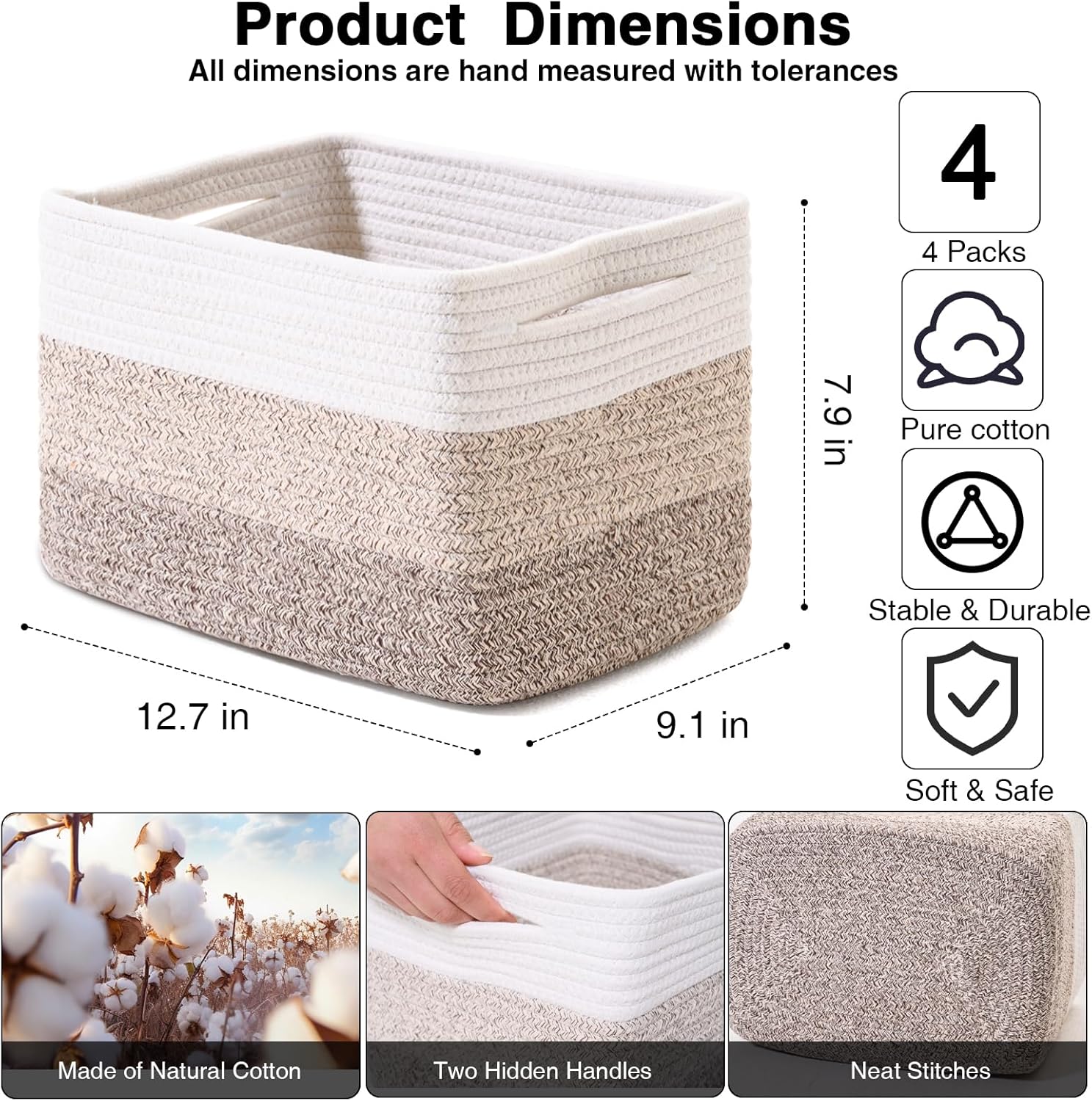 Small Storage Baskets for Organizing Shelves, Woven Cotton Rope Basket for Storage, Cute Rectangular Book Toy Baskets, 12.7"×9.1"×7.9", 4 Packs, Gradient Brown