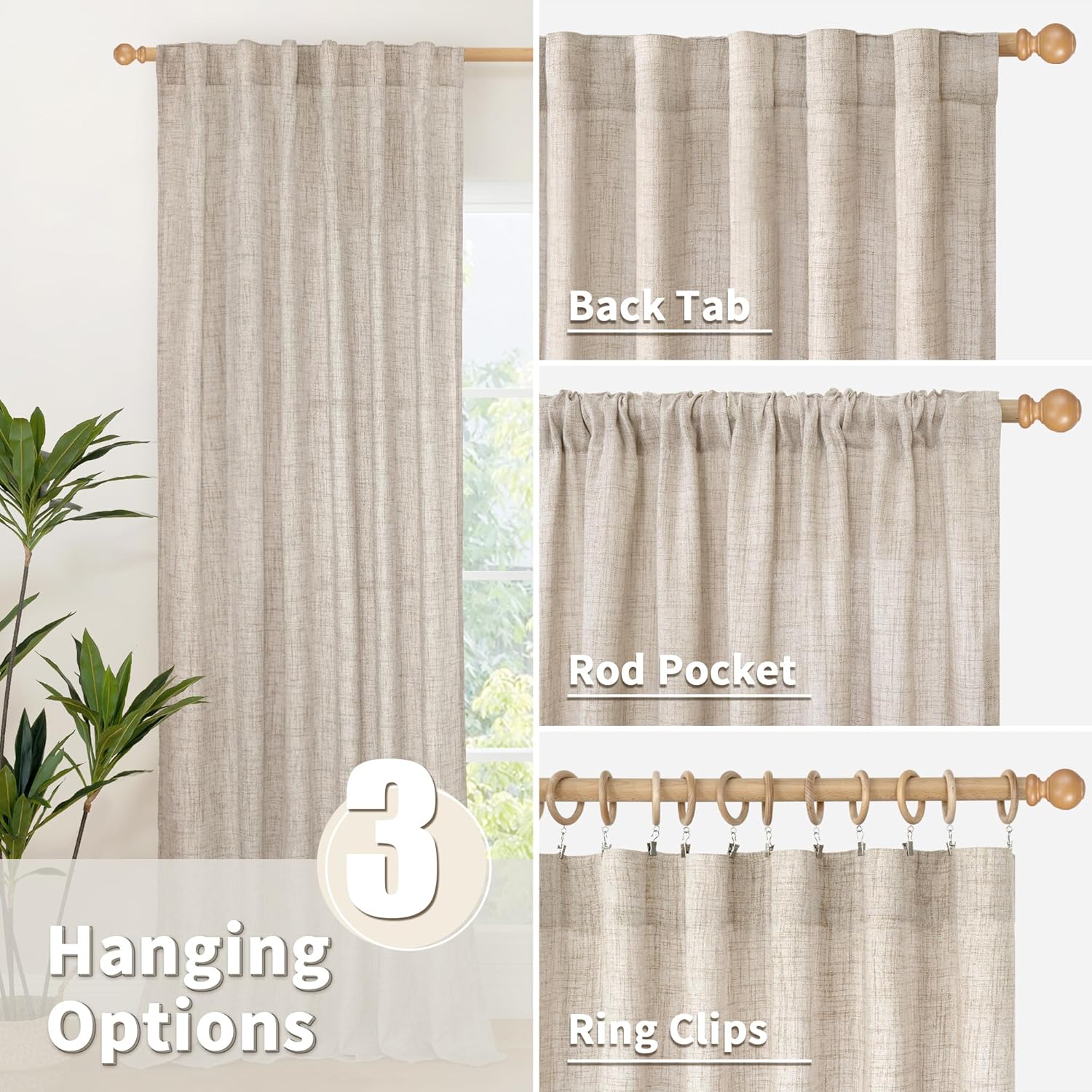 YoungsTex Natural Linen Curtains 60 Inch Wide Back Tab Textured Window Drapes 63 Inch Window Length for Living Room Light Filtering, 2 Panels