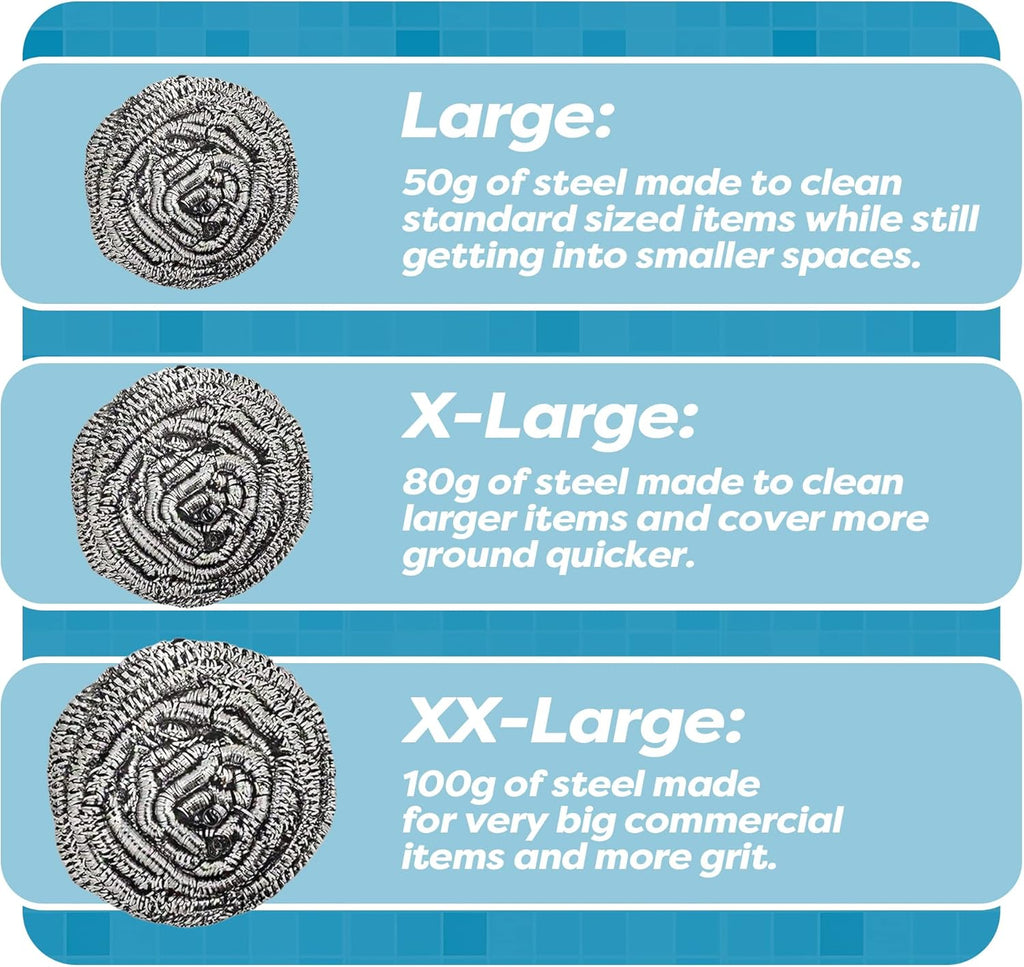 12 Pack Stainless Steel Scourers by Scrub It – Steel Wool Scrubber Pad Used for Dishes, Pots, Pans, and Ovens. Easy scouring for Tough Kitchen Cleaning. (Large (50 gram))