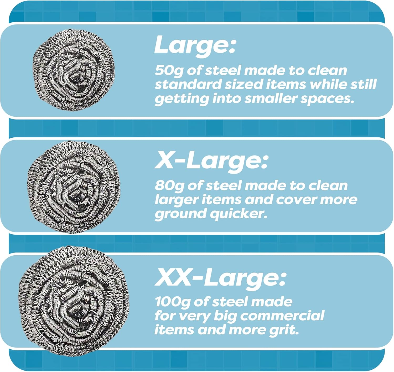 12 Pack Stainless Steel Scourers by Scrub It – Steel Wool Scrubber Pad Used for Dishes, Pots, Pans, and Ovens. Easy scouring for Tough Kitchen Cleaning. (Large (50 gram))