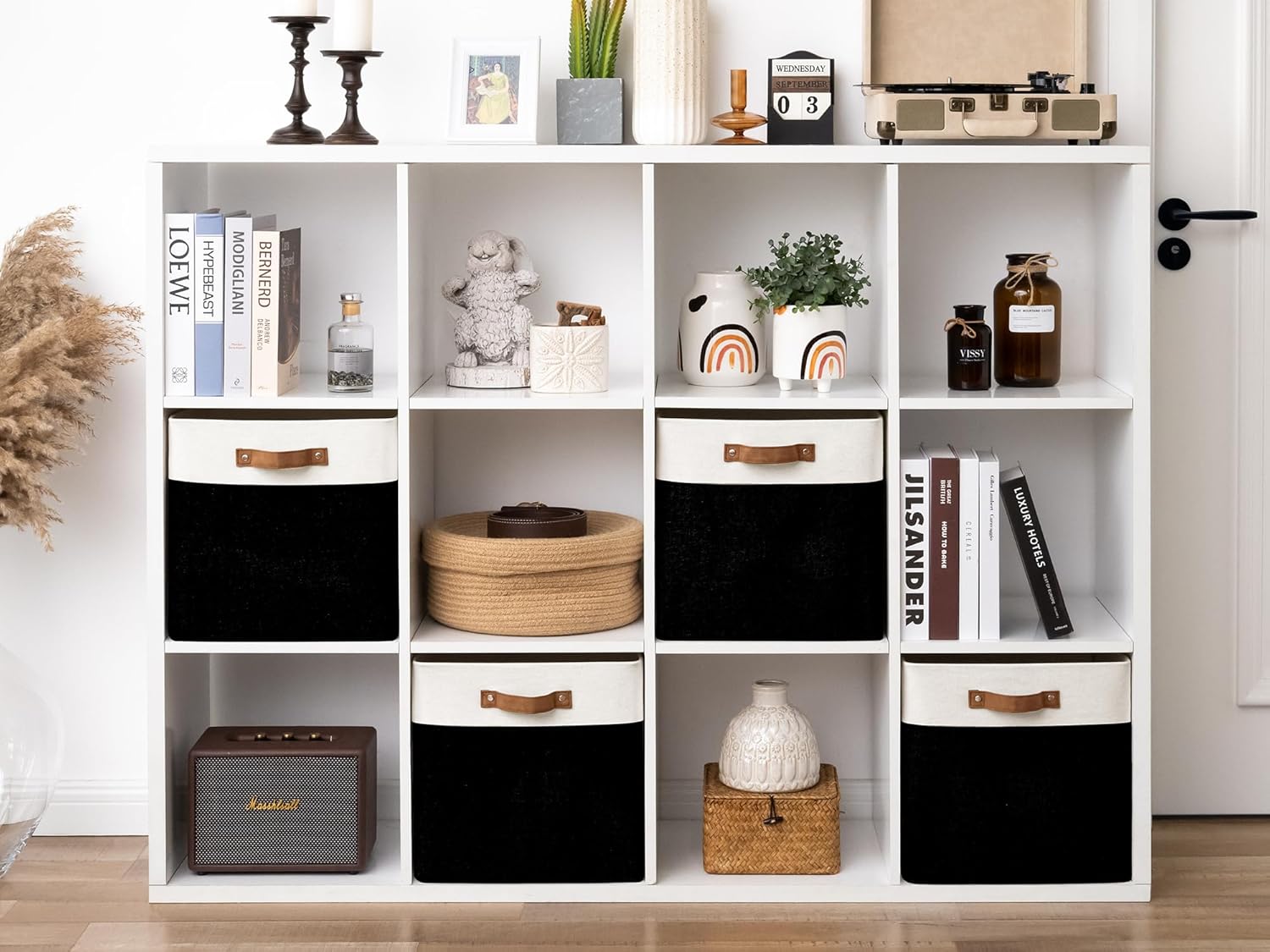 StorageWorks 13x13 Inches Storage Cube, Fabric Storage Bins with PU Handles, Collapsible Organizer Baskets for Closet, Black and White, 4-Pack